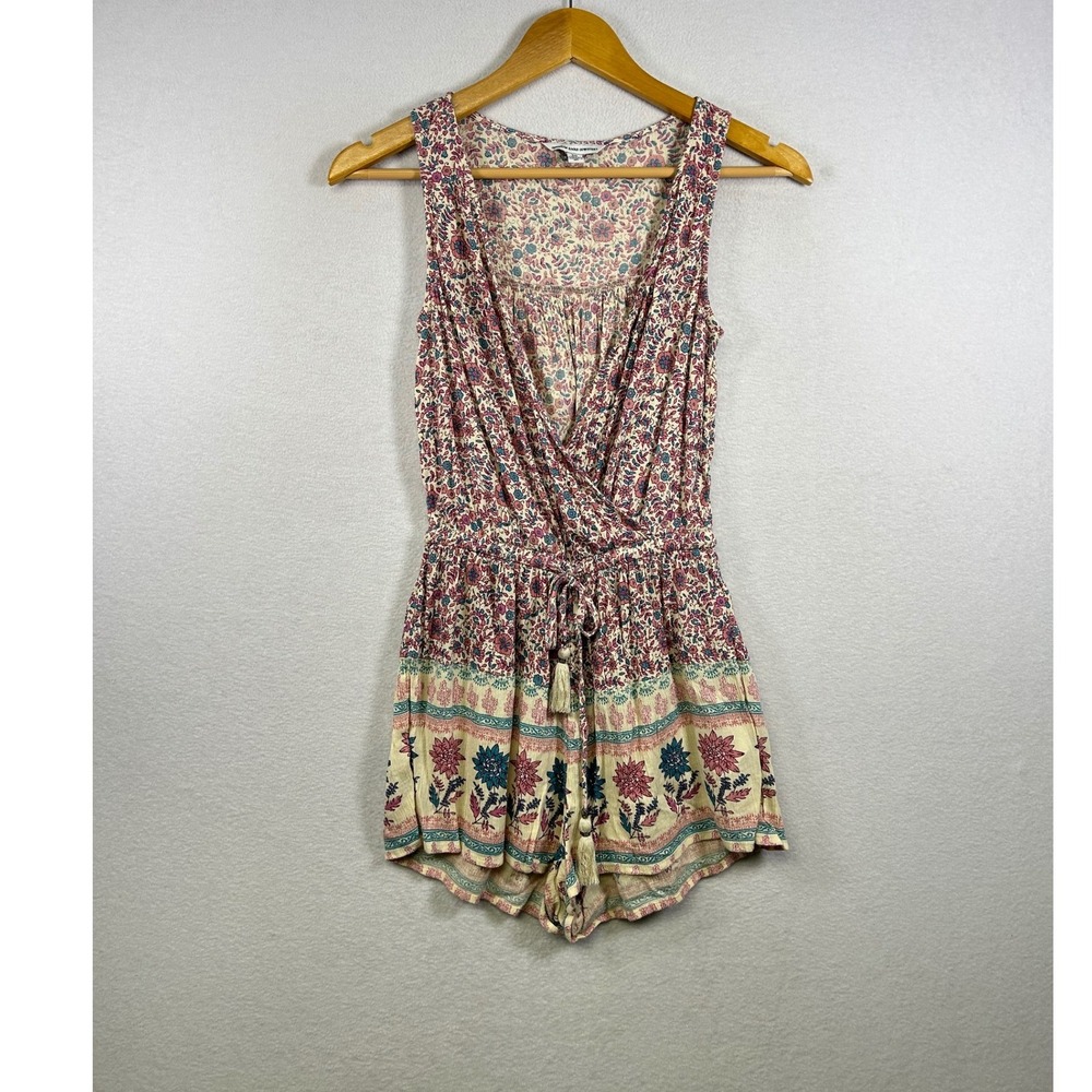 American Eagle Romper Women XXS Multicolor Floral Paisley Boho Tassel V-Neck